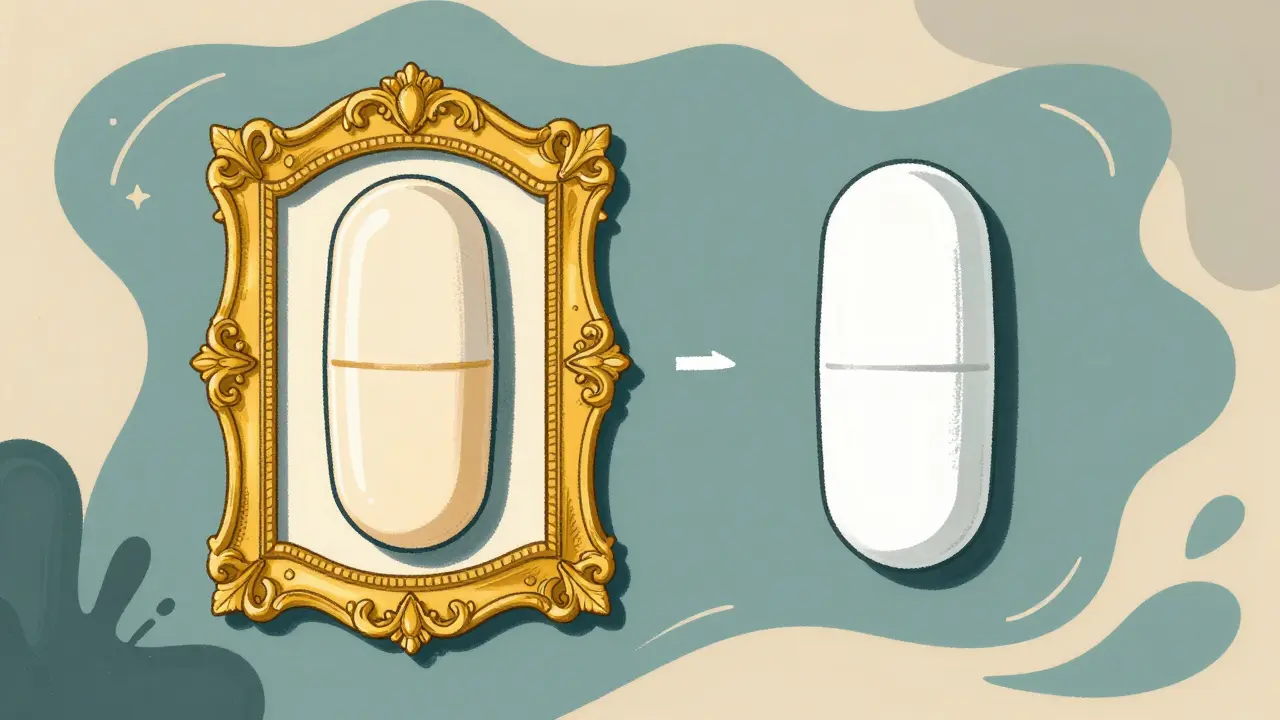 Abstract comparison of a golden-framed pill and a simple pill representing brand versus generic.