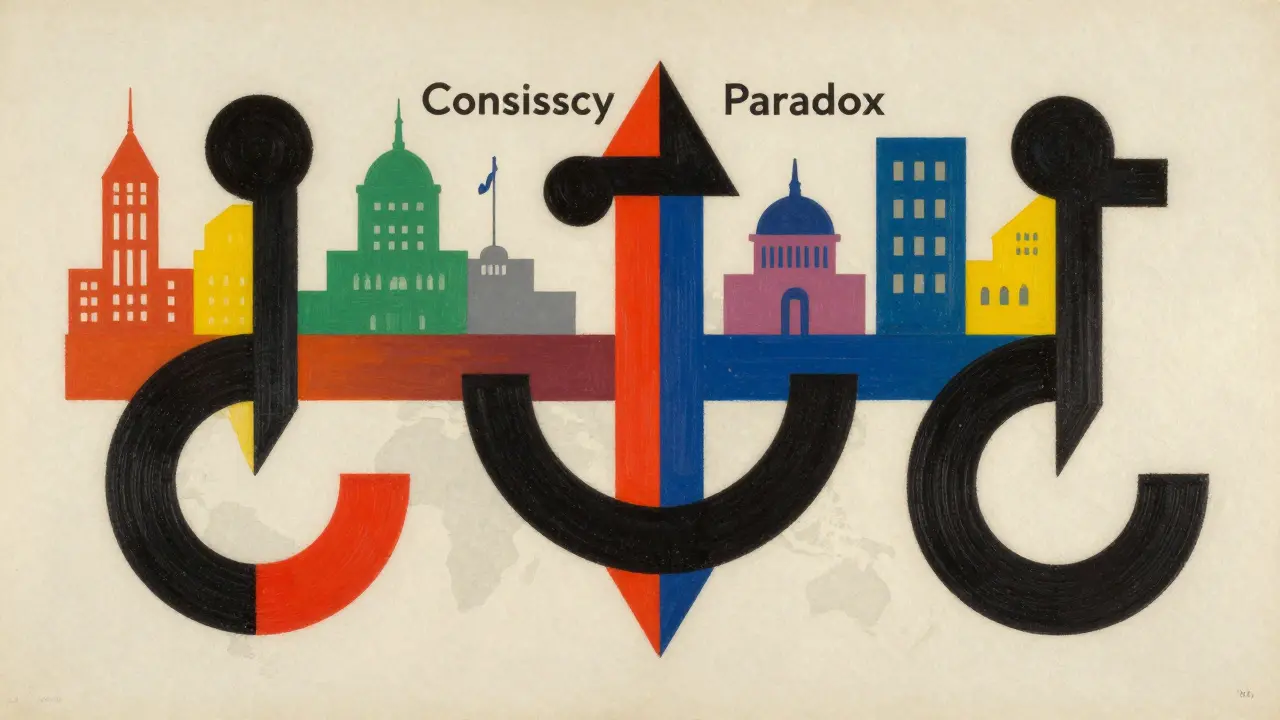 Abstract geometric shapes representing a universal brand symbol across fragmented backgrounds.