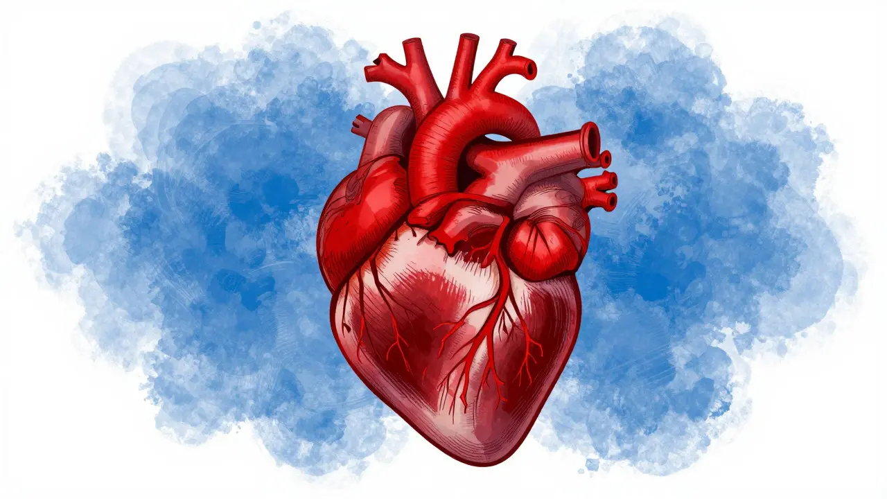 Abstract graphic of a racing heart and hazy blue shapes symbolizing blood pressure and fog.