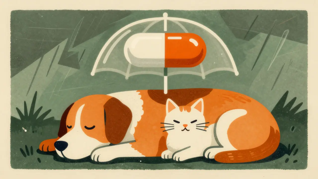 Abstract illustration of a cat and dog feeling calm and protected from stress.