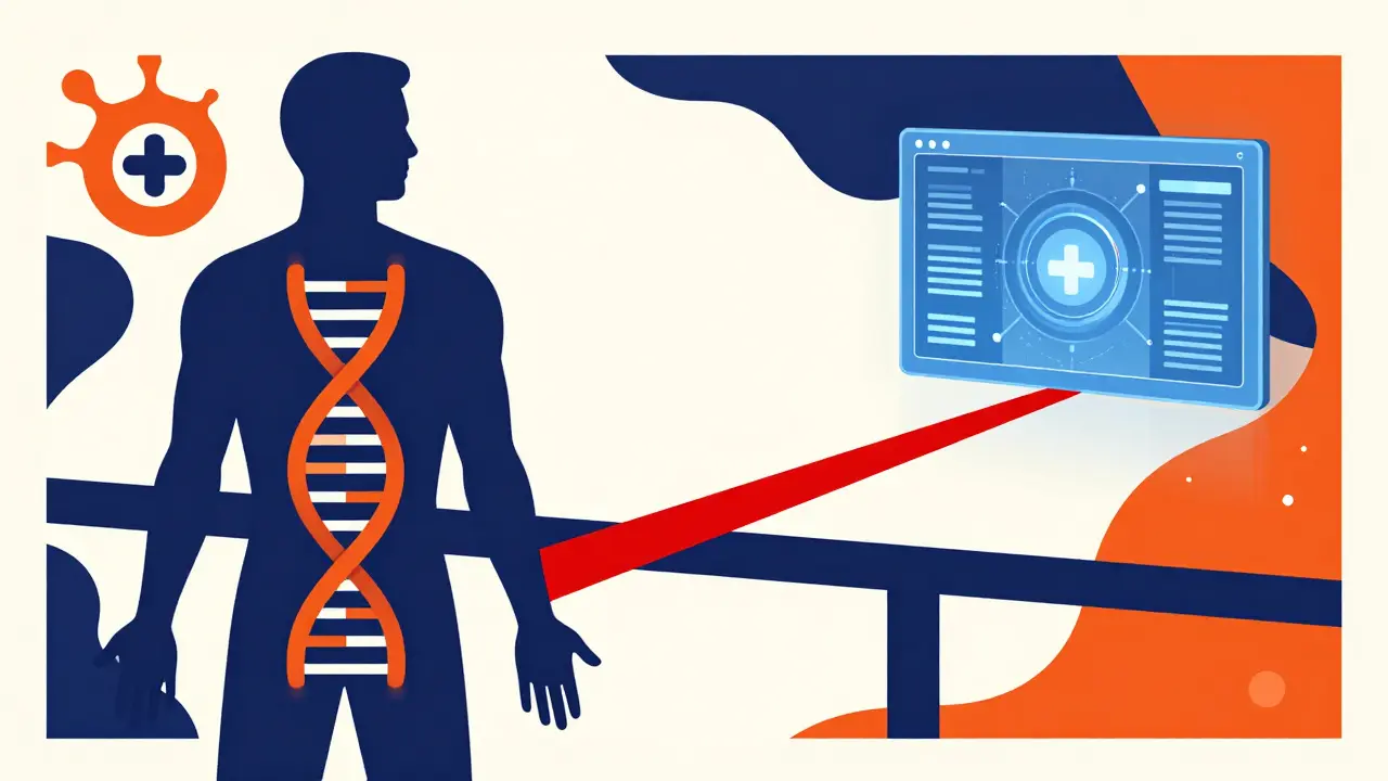 Abstract illustration of a human silhouette with DNA and a digital connection line.