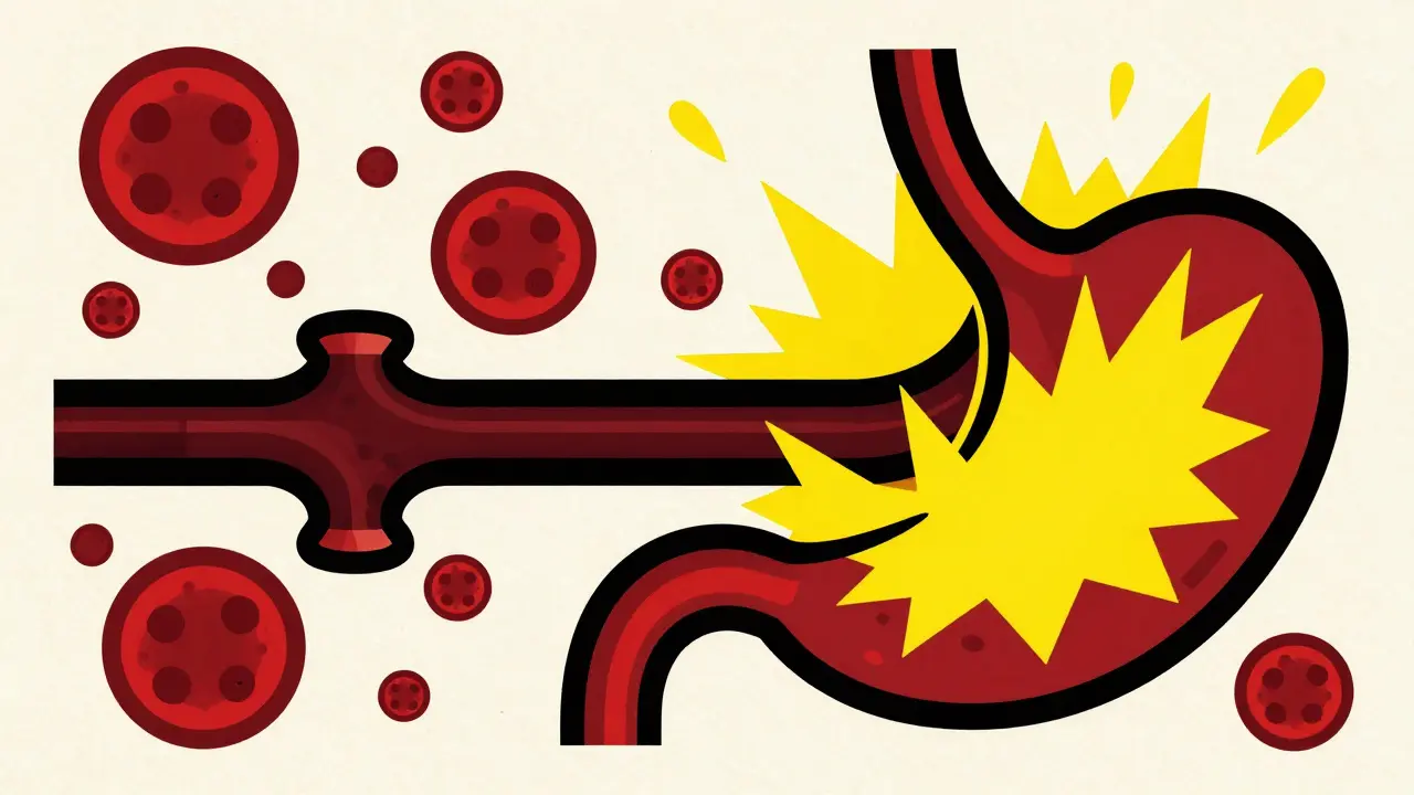 Abstract illustration of blood cells and a protective shield over a stomach lining.