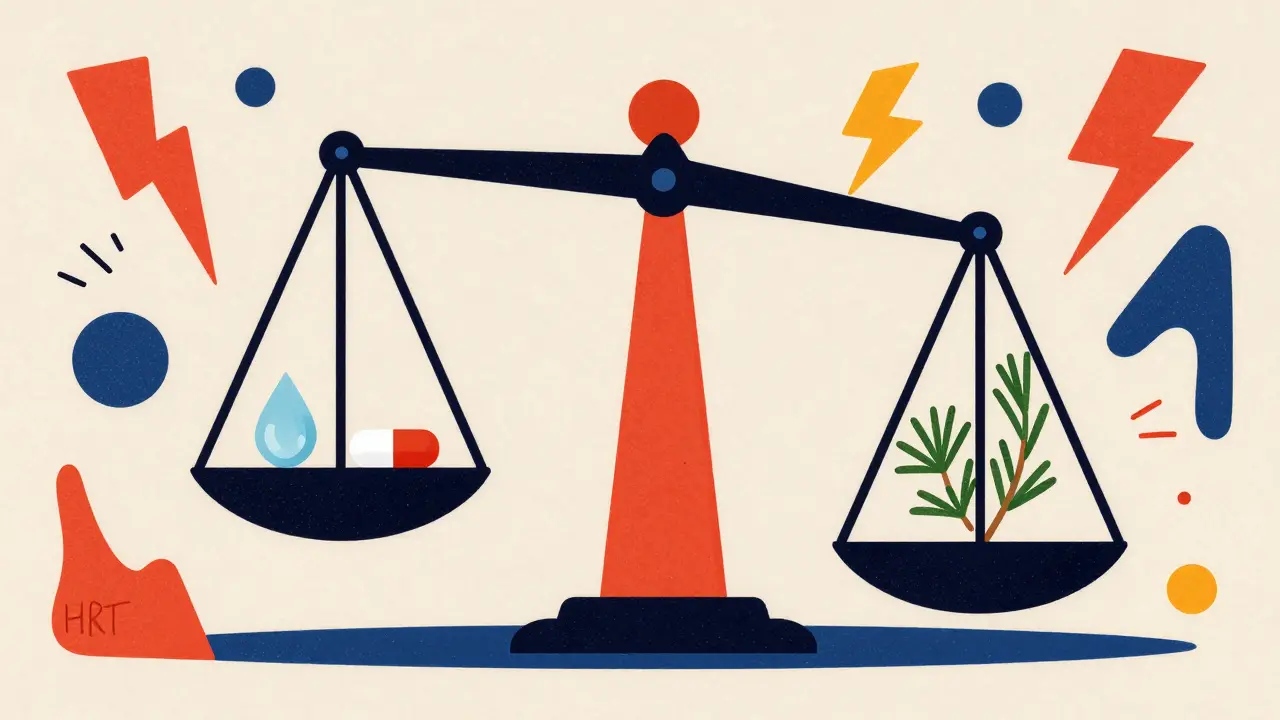 Abstract scale balancing hormone therapy with herbal supplements and symbolic warning signs.