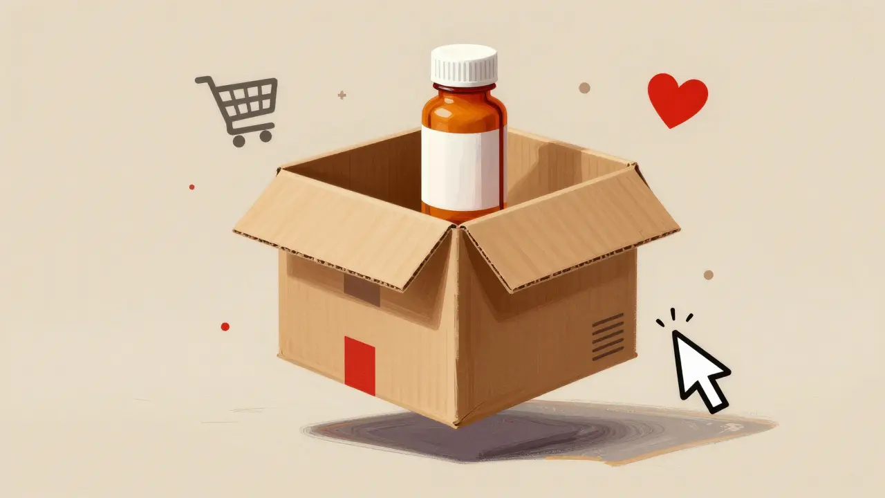 Artistic depiction of a delivery box and medicine bottle representing online pharmacy shopping.