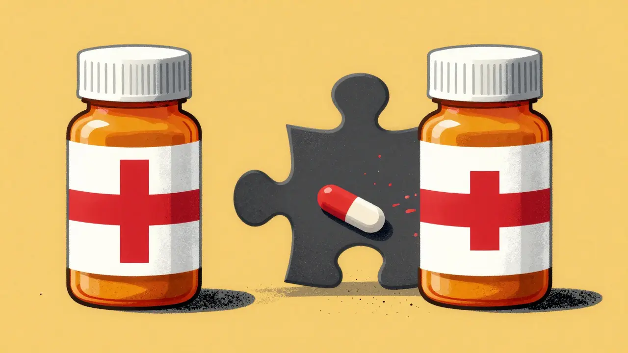 Conceptual art showing two mismatched puzzle pieces shaped like medicine bottles.