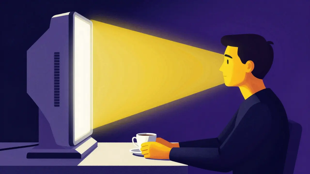Graphic art of a person using a bright light therapy box to combat winter depression.