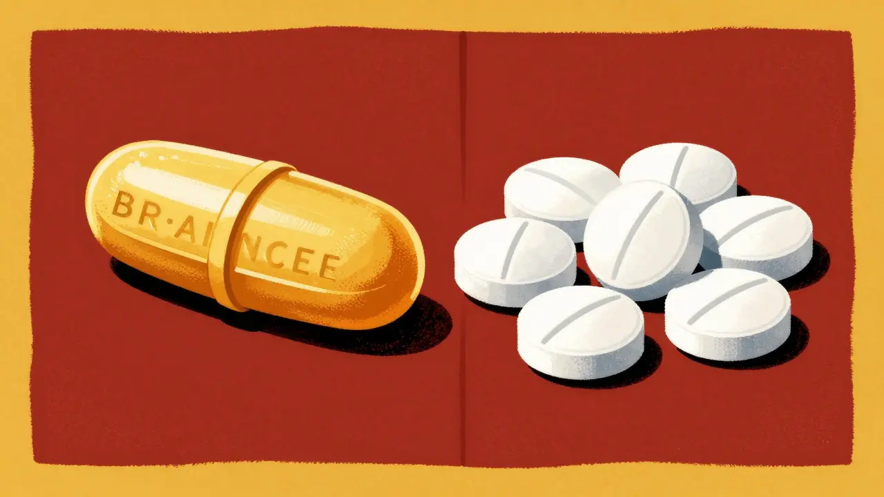 Graphic comparison between a single ornate gold pill and several simple white generic pills.