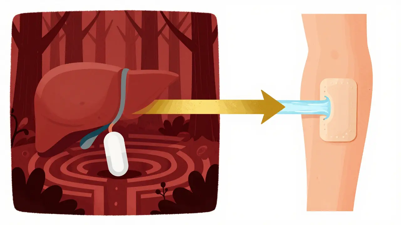 Graphic comparison showing a pill going through the liver versus a patch bypassing it.