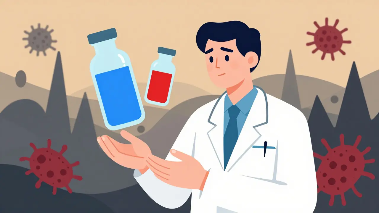 Graphic depiction of a doctor balancing treatment options with colored vials.