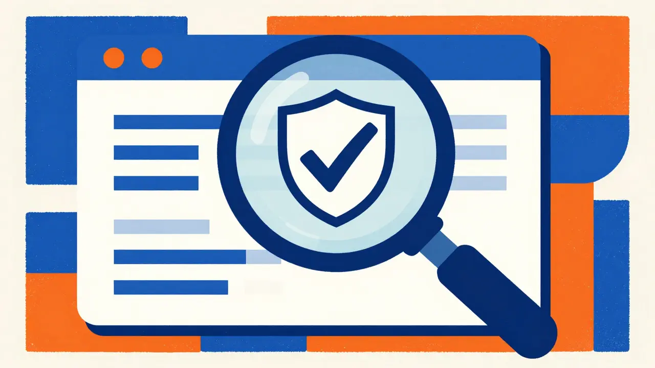 Graphic illustration of a magnifying glass inspecting a digital pharmacy shield for safety.