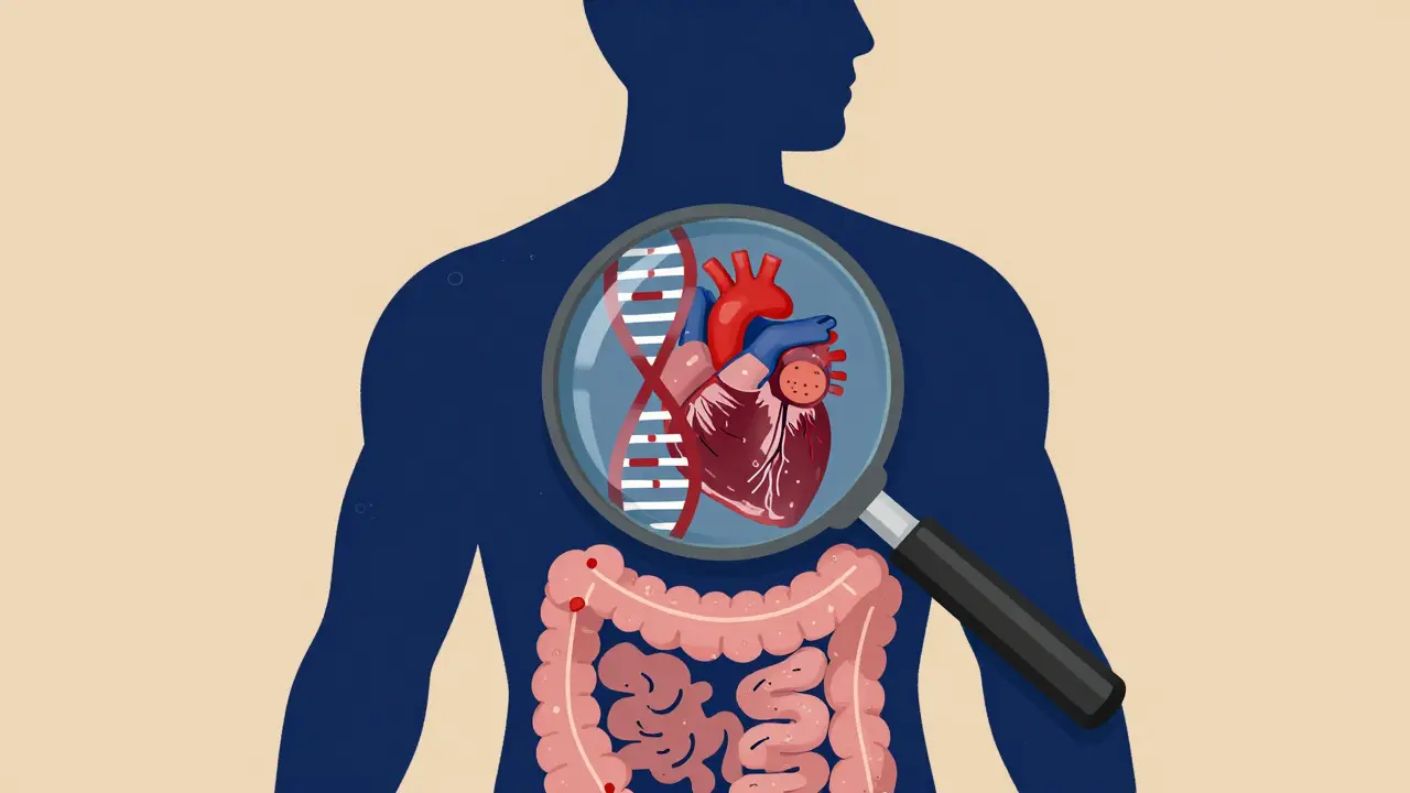 Graphic silhouette of a person with a magnifying glass focusing on heart and gut health.