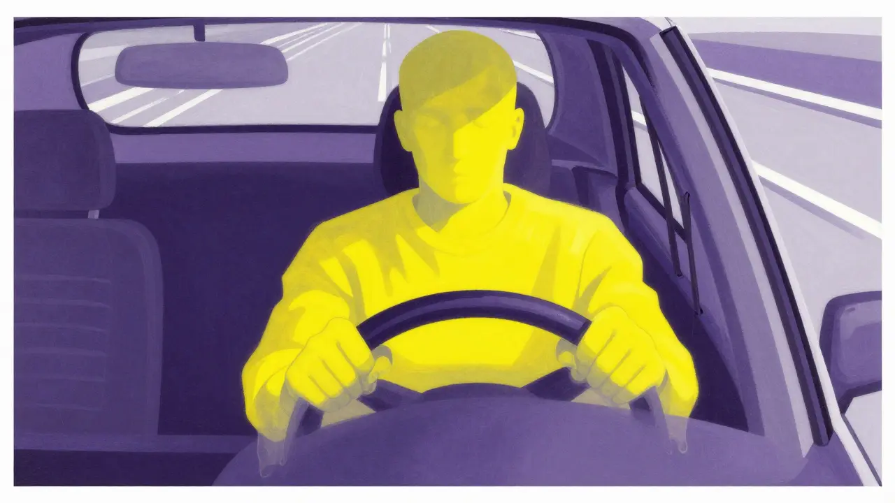 Illustration of a driver with a bright yellow upper body and melting purple lower body.