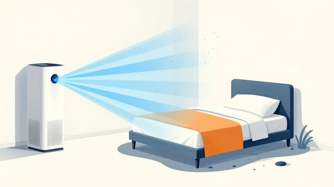 Minimalist art showing a HEPA air purifier creating a clean air zone around a bed.
