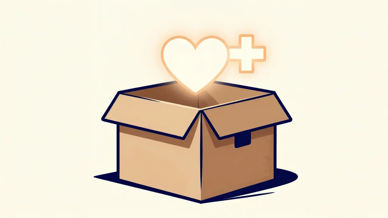 Minimalist illustration of a plain shipping box with floating heart and medical cross symbols.