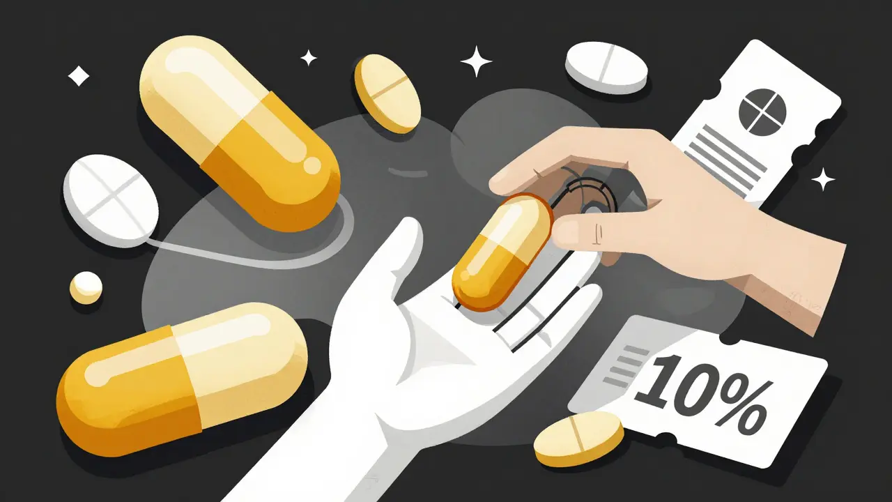 Stylized illustration of various medication capsules and tablets in a geometric arrangement.
