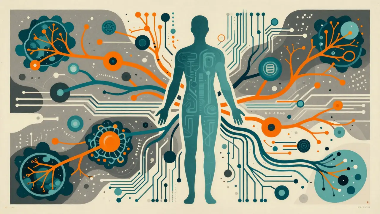 Abstract neural networks surrounding a human figure