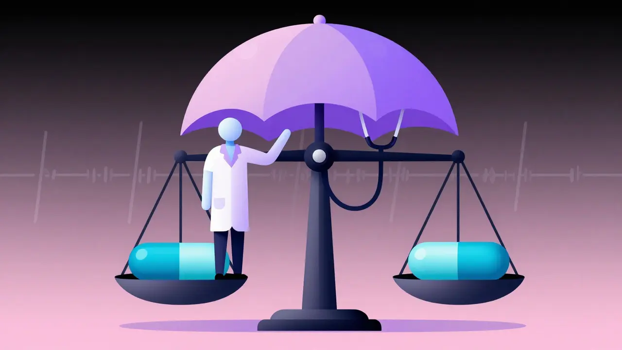 Balance scale with pill and figure under protective medical symbol