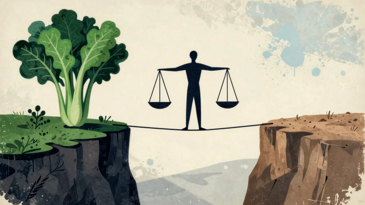 Figure balancing on tightrope between vegetables and empty space