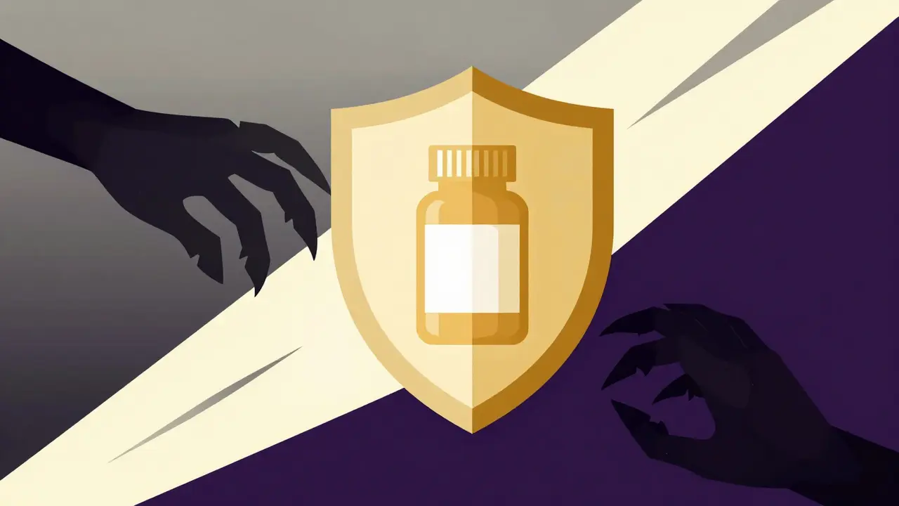 Golden shield protecting pills from shadowy claws, symbolizing safe online pharmacy verification