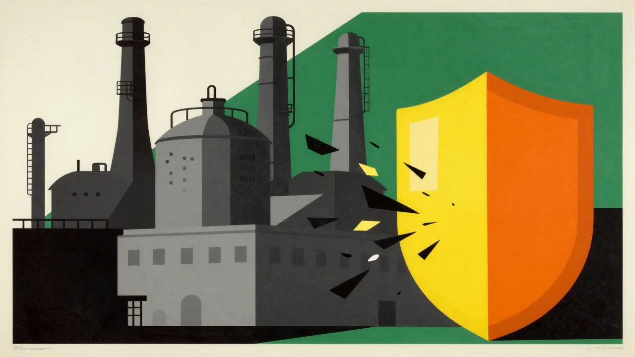 Graphic art showing a shield protecting against industrial hazards, representing pharmaceutical safety