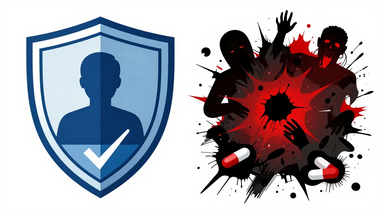 Graphic contrast between a protective shield and chaotic scam symbols