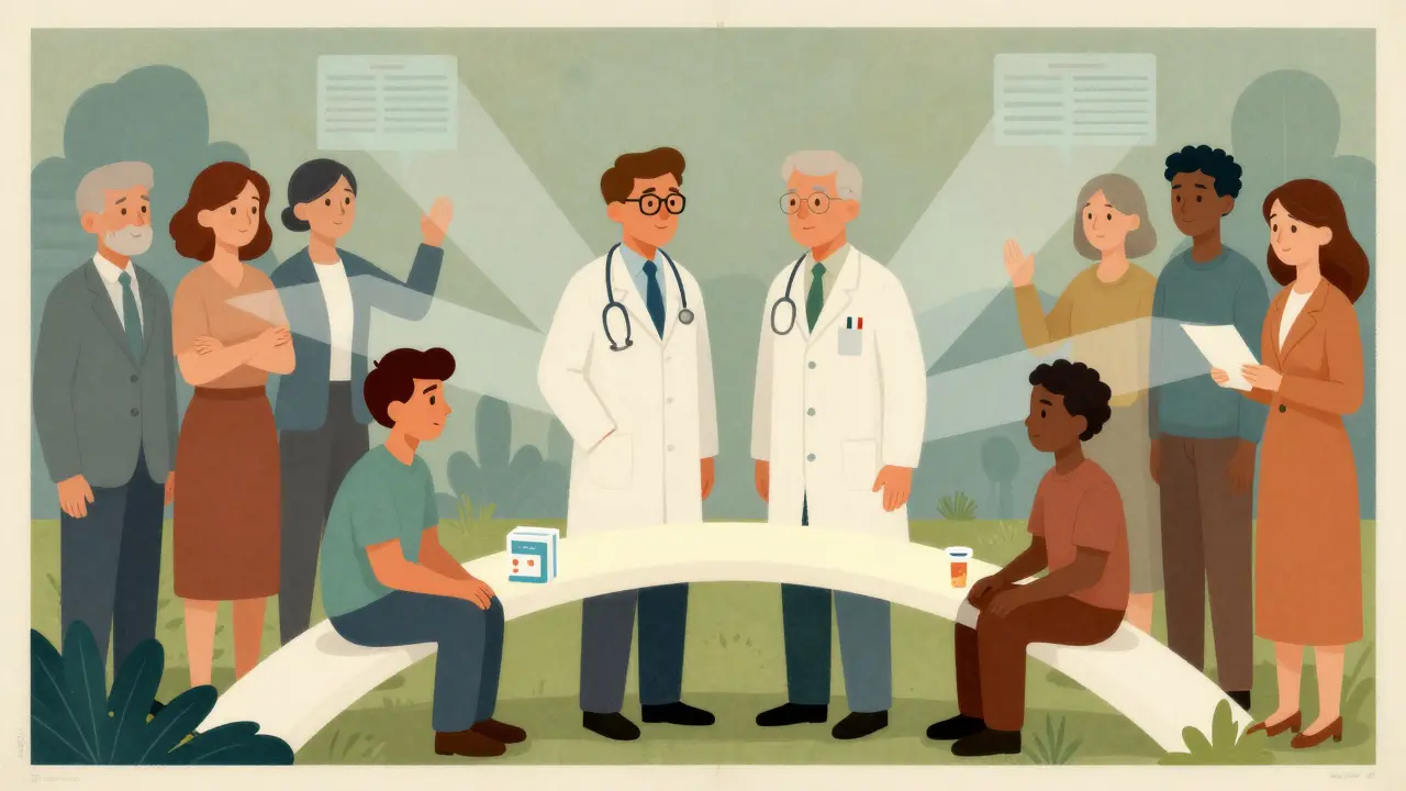 Illustration of doctors building trust with patients regarding generic drugs