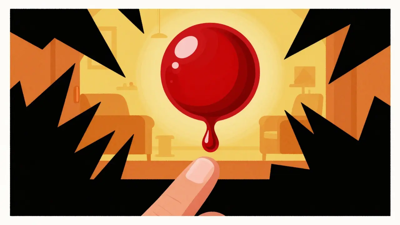 Magnified blood drop from finger prick test in abstract setting