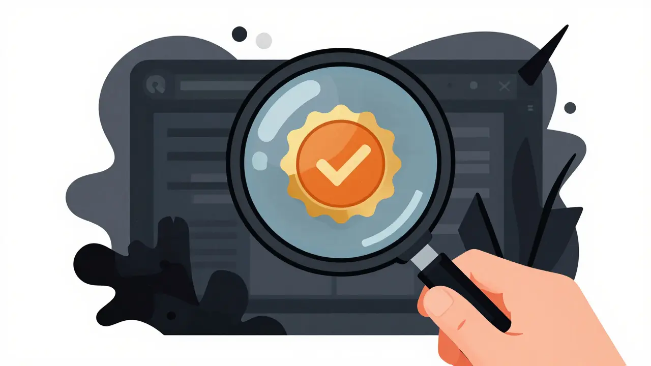 Magnifying glass inspecting a trust badge against shadowy fraud shapes
