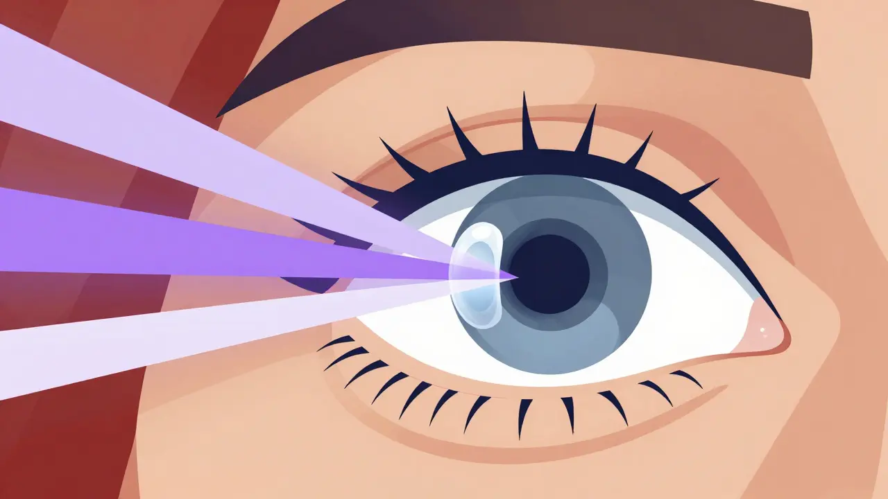 Stylized art showing UV cross-linking treatment and rigid lens placement.