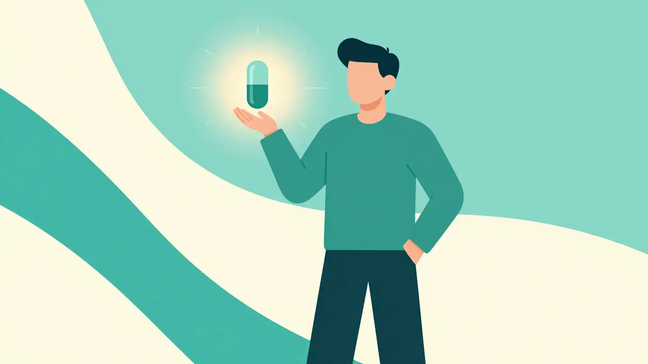 Stylized figure holding a glowing pill, conveying trust in generic heart medication