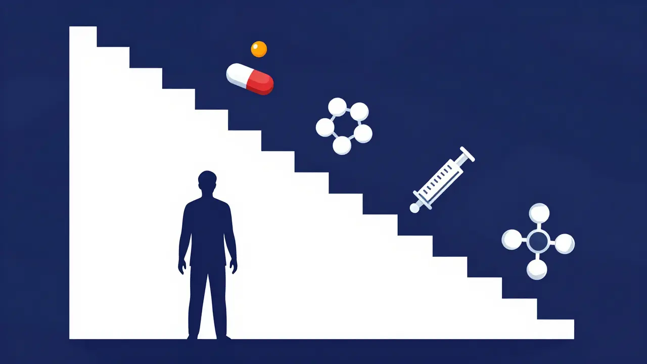 Stylized poster art of a treatment ladder for chronic hives with medical symbols.