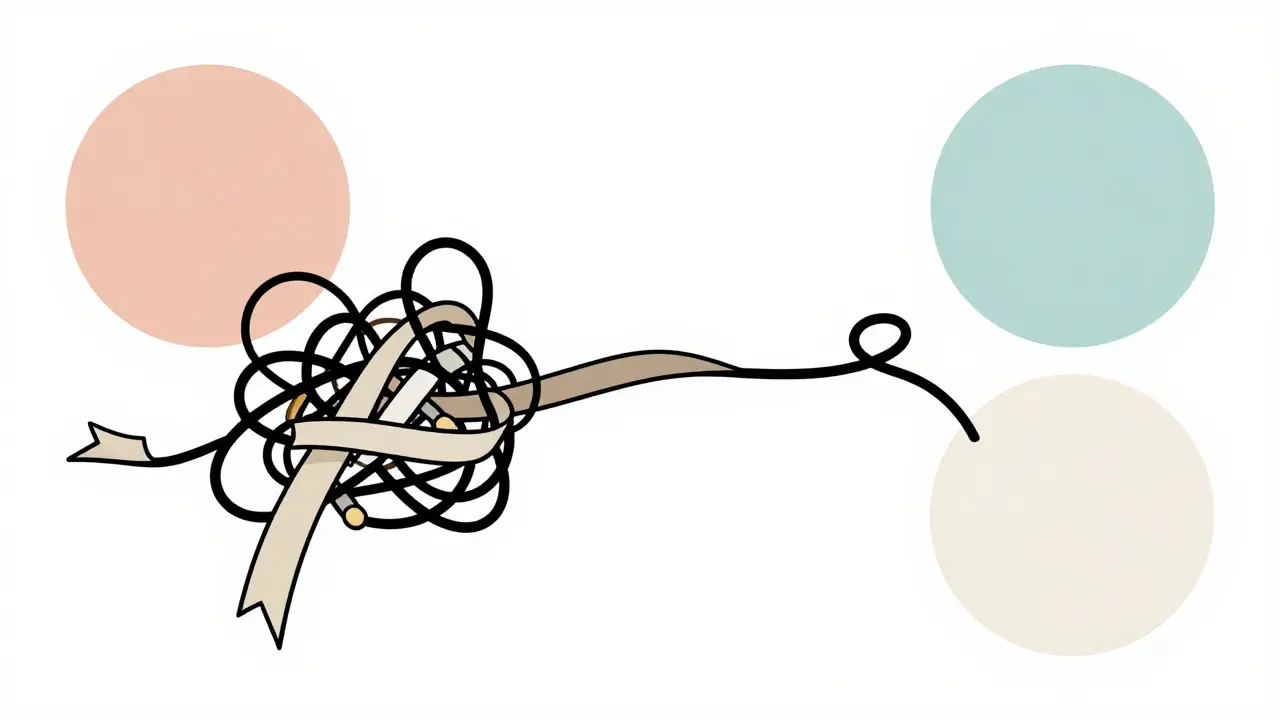 Abstract art showing tangled lines merging into one smooth path