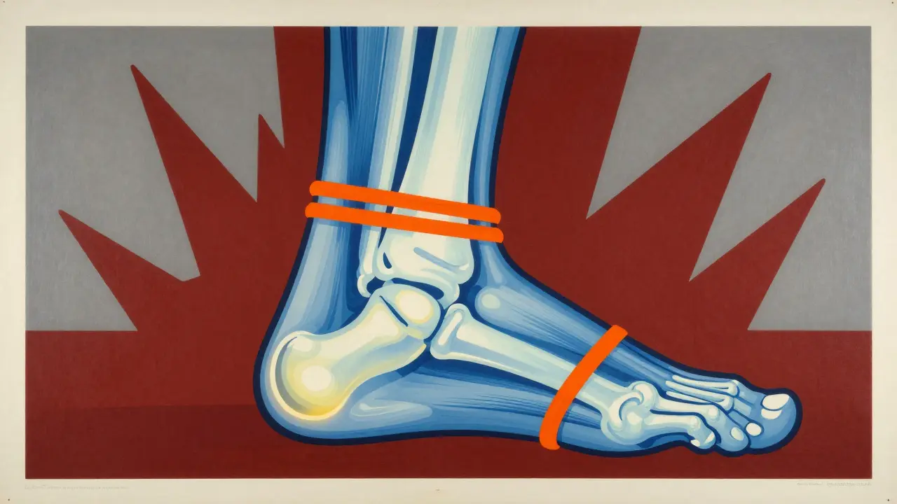 Abstract artistic depiction of a snapping tendon warning about antibiotic side effects.