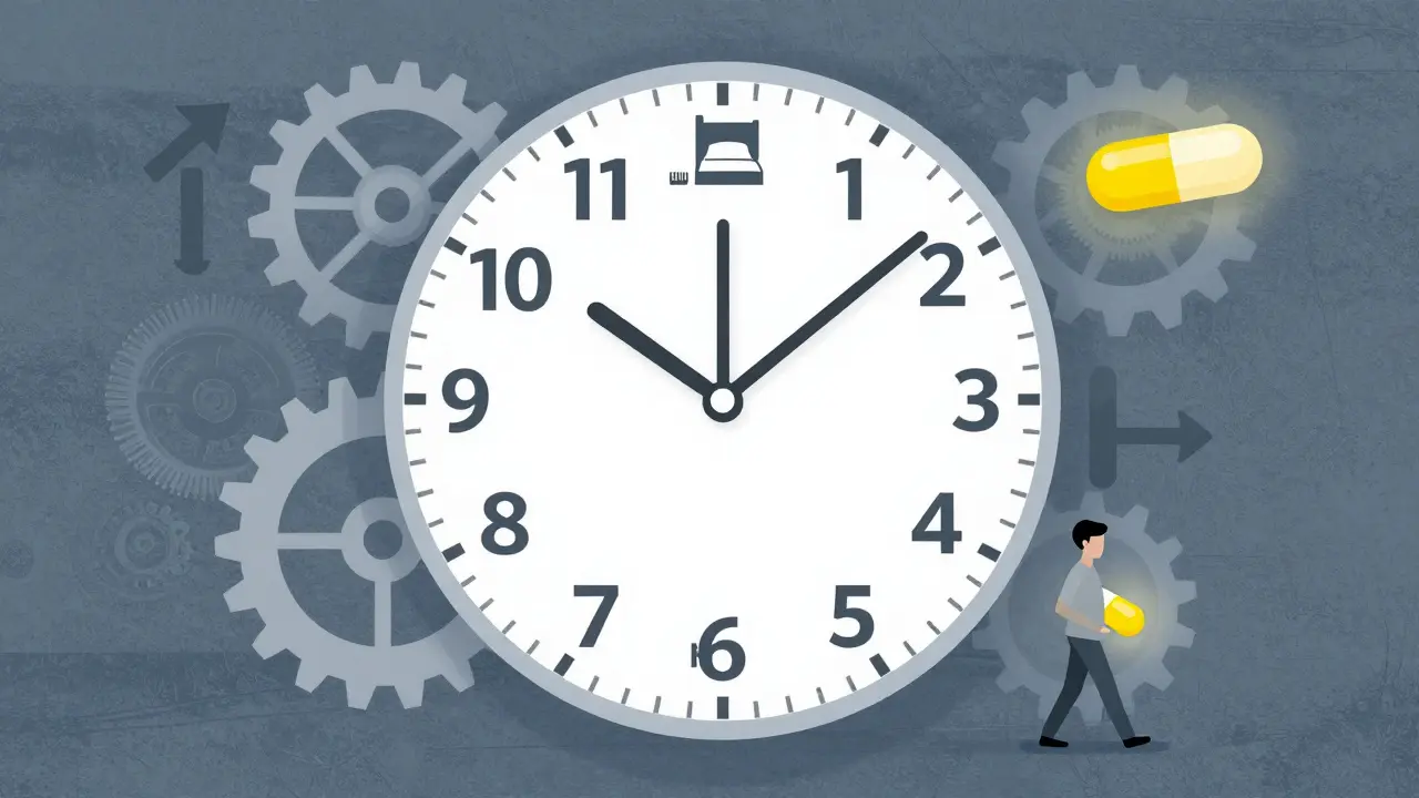 Figure walking on a clock face made of daily routine icons