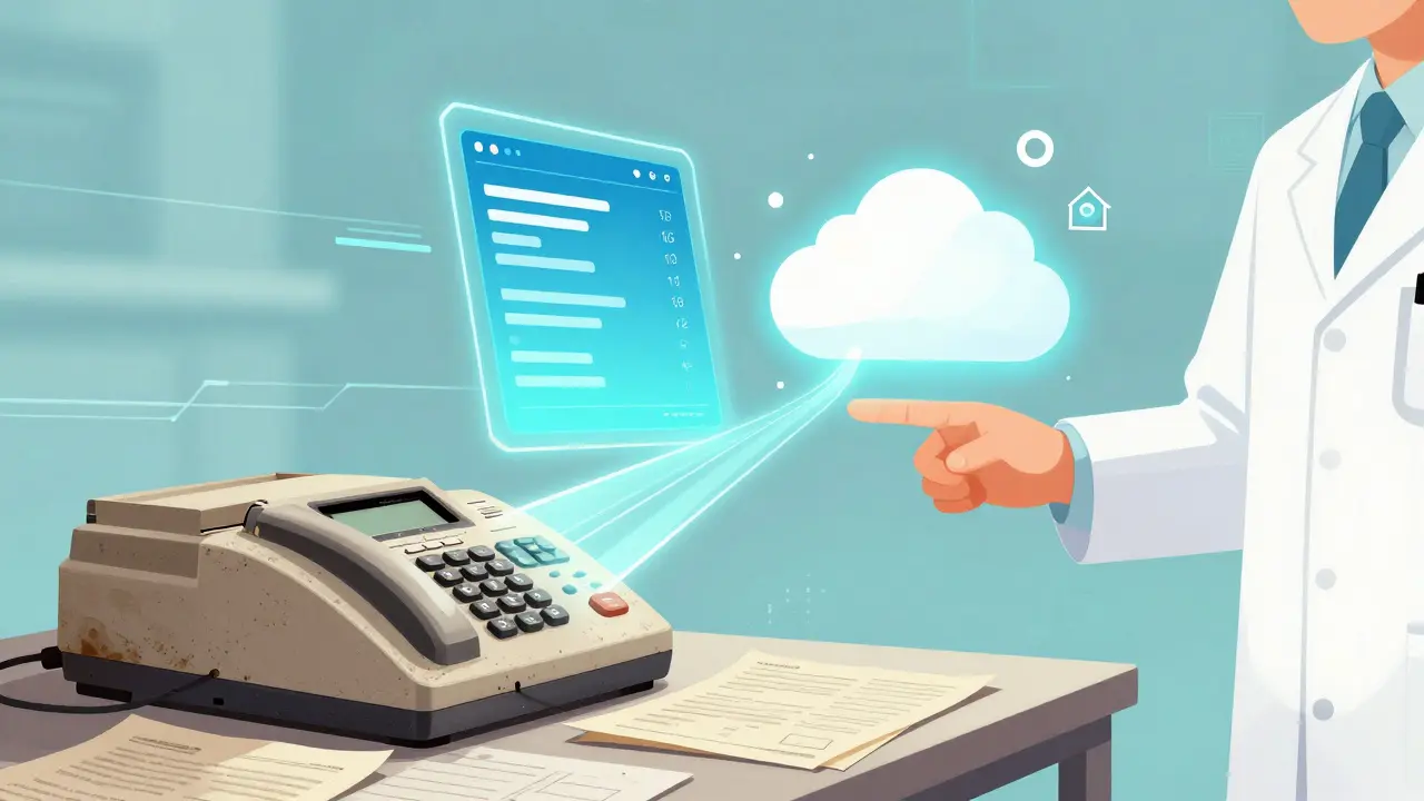 Futuristic digital connection replacing old fax machines and paperwork