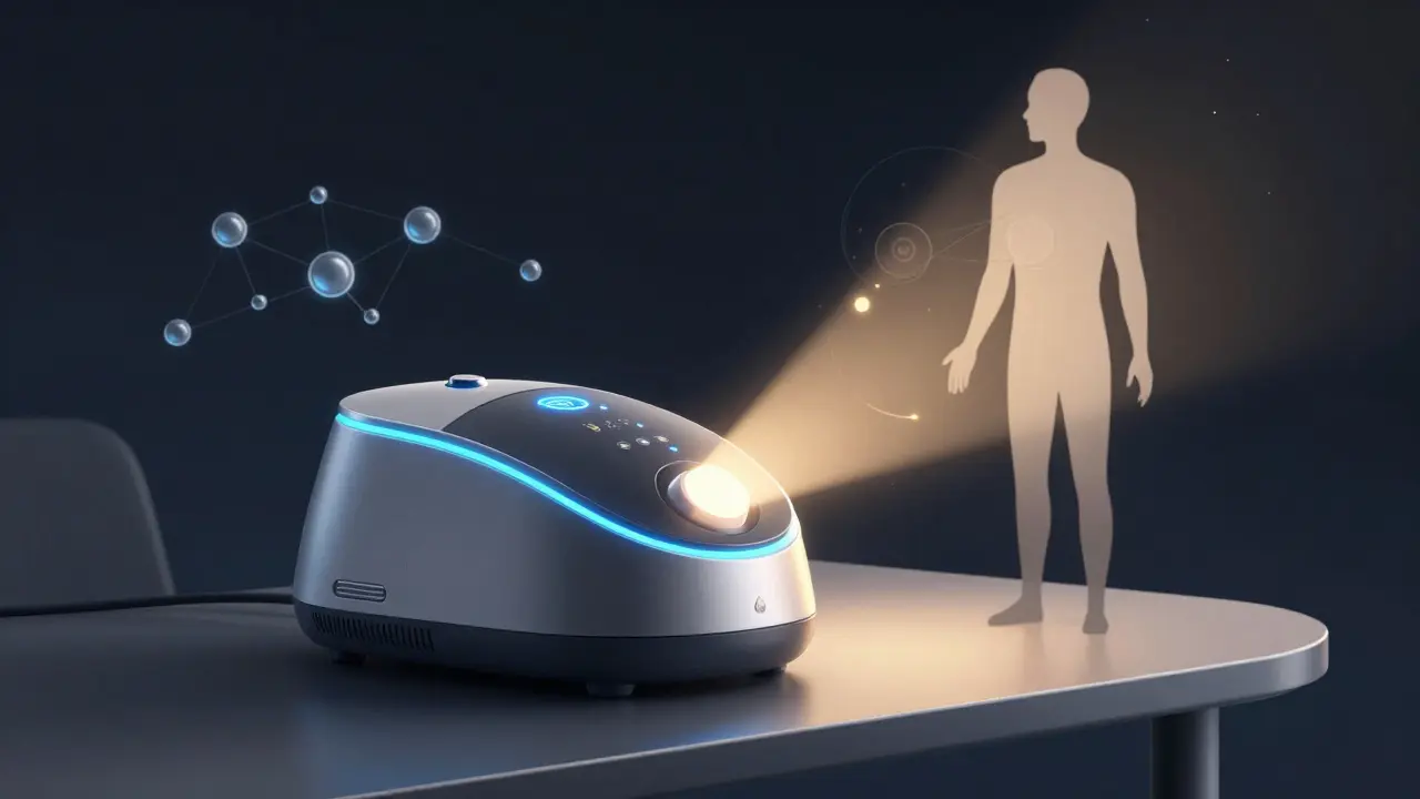 Futuristic smart pill dispenser glowing with warm light