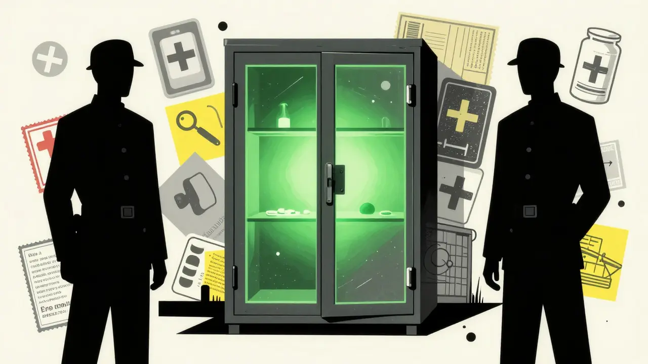Graphic art of secured expired meds in a glowing locked cabinet with guards
