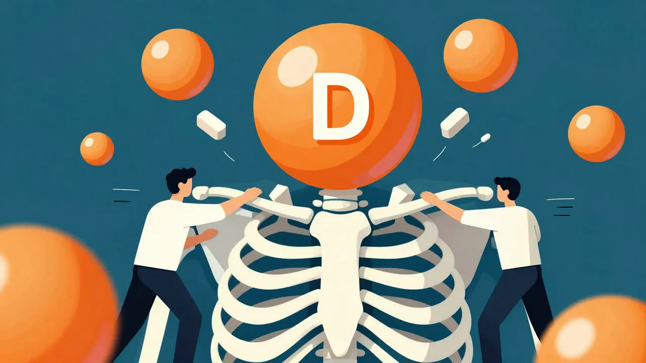 Graphic illustration of calcium and vitamin D strengthening bones