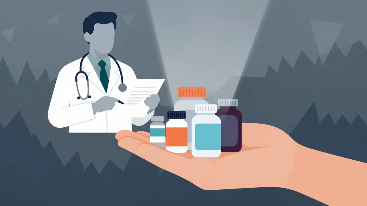 Hand offering supplements to doctor for clarity