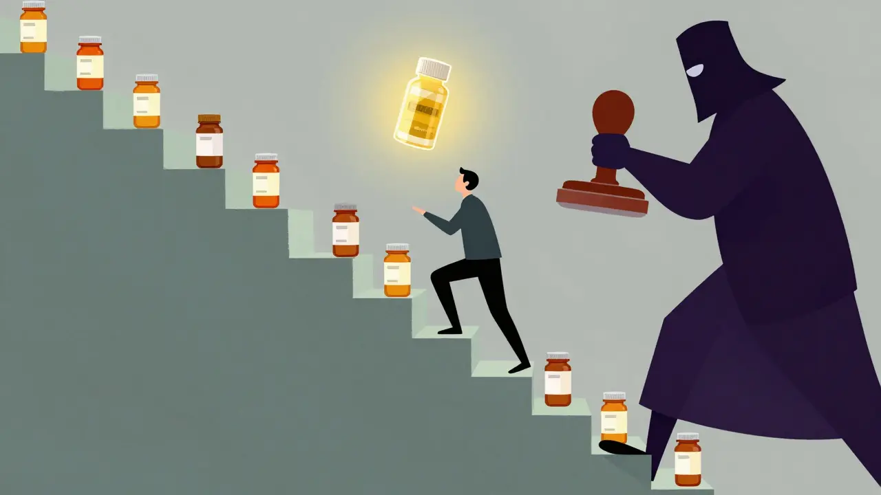 Patient climbing difficult stairs of generic pills to reach brand drug