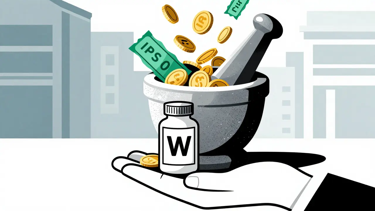 Pharmacy mortar overflowing with coins and coupons, holding a generic pill bottle