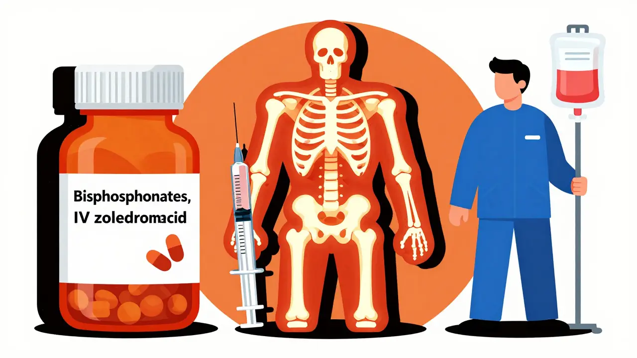 Poster art depicting various medical treatments protecting bone health