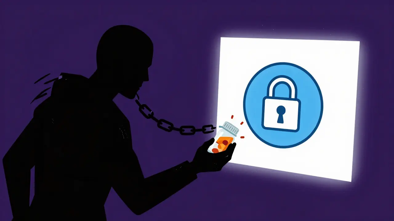Shadowy scammer vs secure lock, warning against fake online pharmacies, bold art