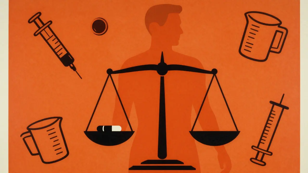Silhouette with internal balance scale weighing a pill