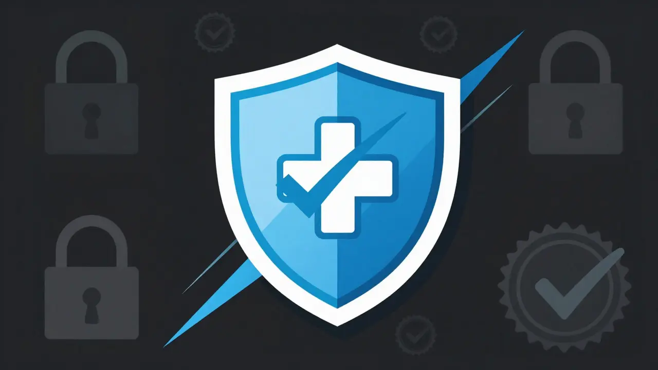 Stylized poster art showing a shield of trust and security for safe online medicine purchases.