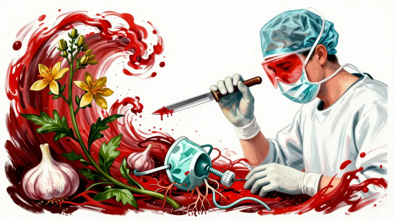 Surgeon's scalpel obscured by bleeding and herbs