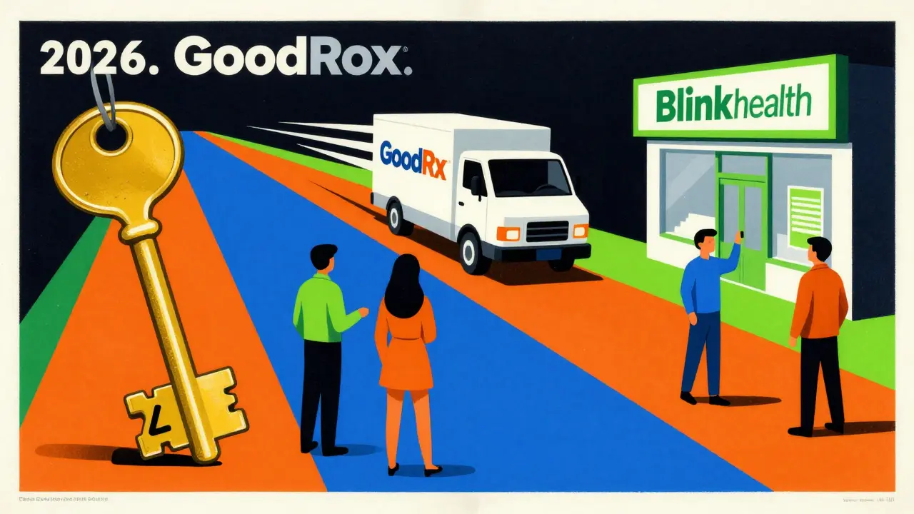 Three paths for meds: discount key, delivery truck, pharmacy store, colorful graphics