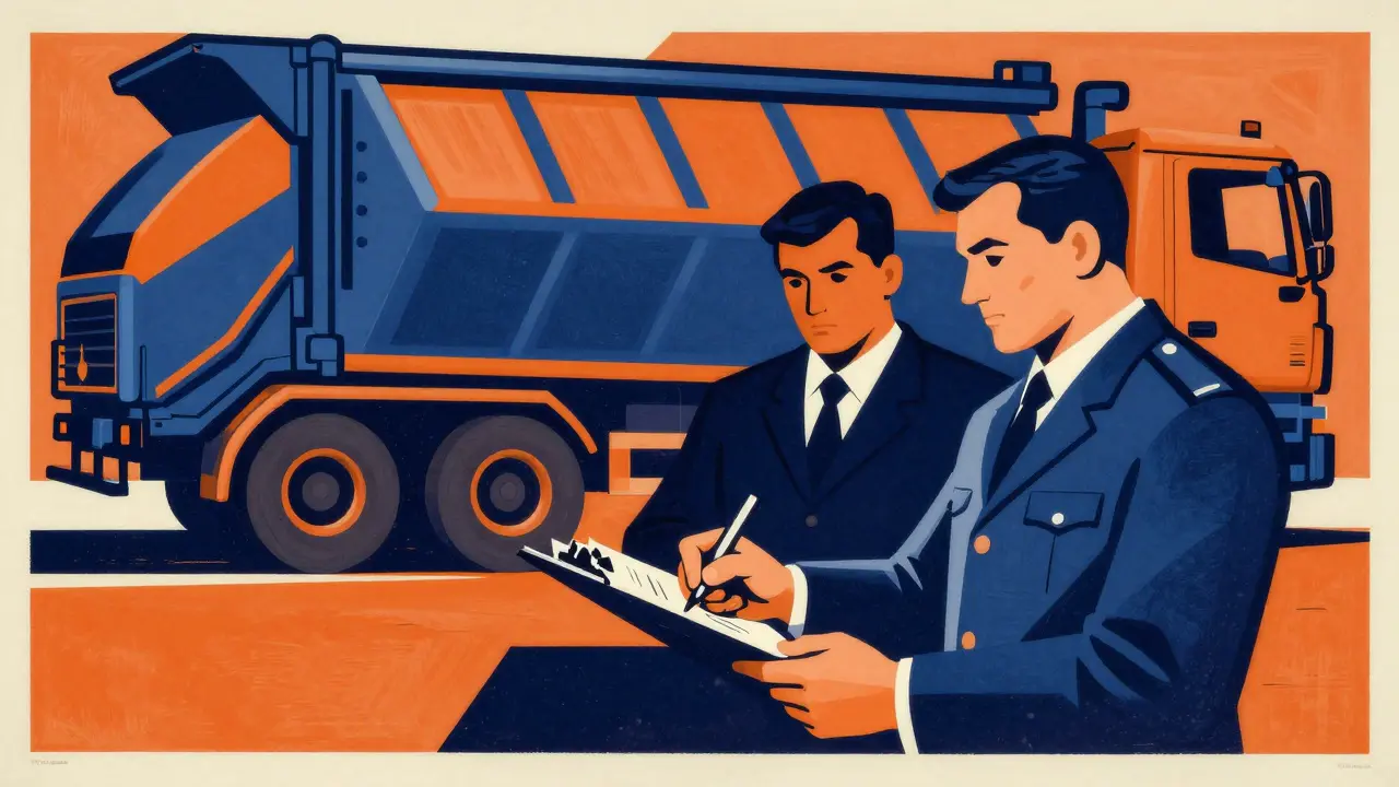 Two officials signing disposal documents with a distributor truck in background