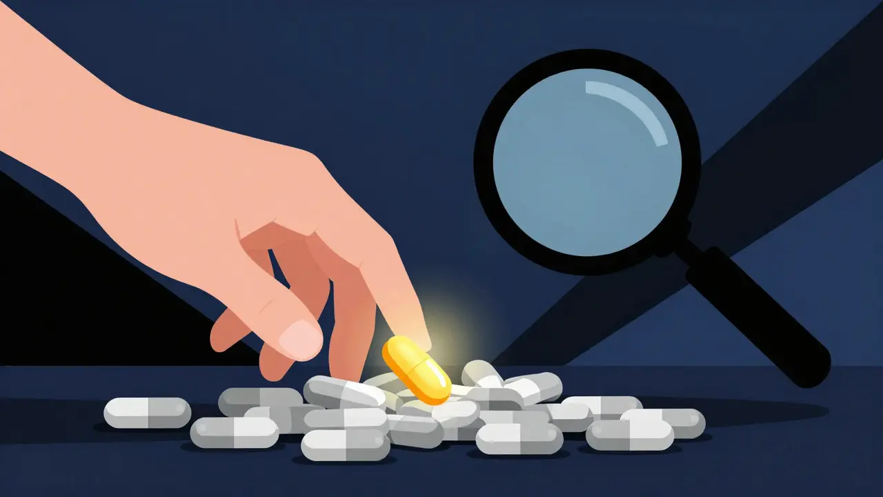 Abstract hand selecting affordable medication from pile