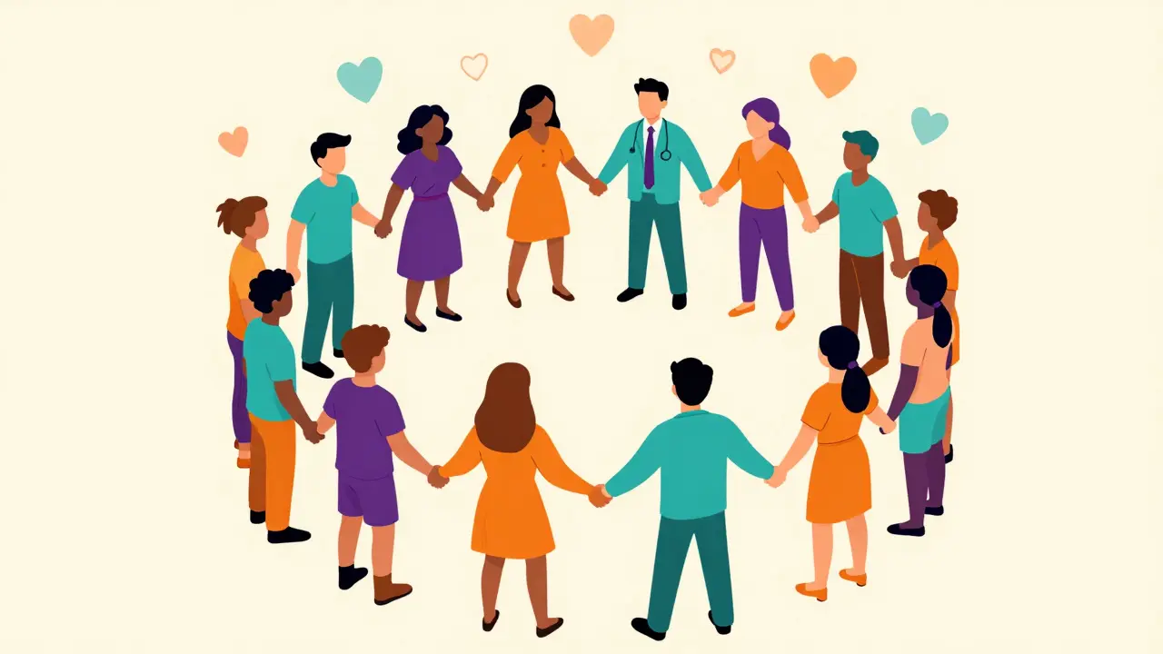 Colorful illustration of diverse people supporting each other in a supportive circle
